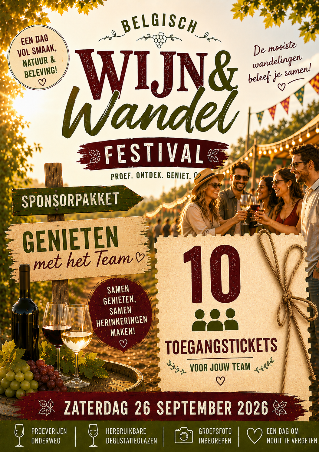 sponsorpakket - pakket 1 voor 10 pers - Zaterdag 26/9 - Belgische wijnwandeling - Genieten met het team (vanaf11u)