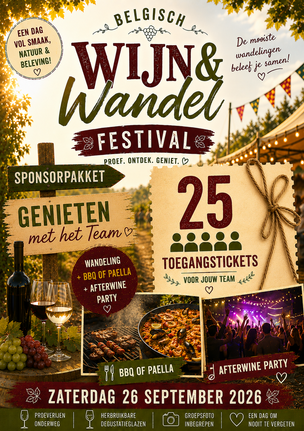 Sponsorpakket - pakket 3 voor 25 pers - Zaterdag 26/9 - Belgische wijnwandeling + Diner + After Wineparty (vanaf 15u)
