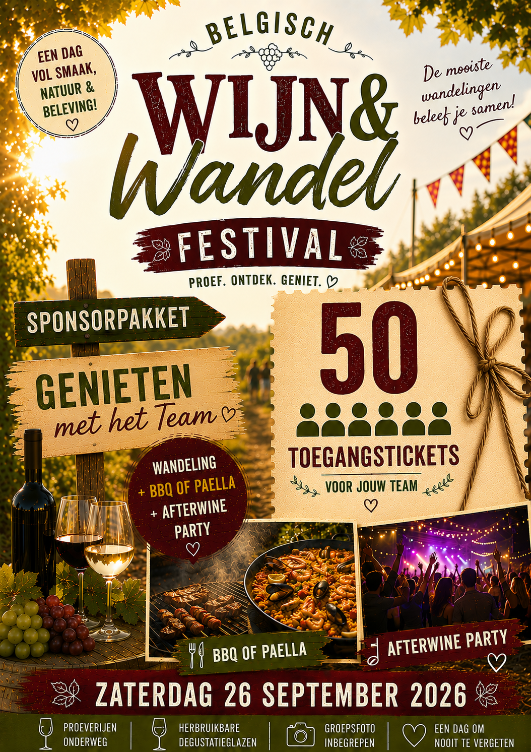 Sponsorpakket - pakket 3 voor 50 pers - Zaterdag 26/9 - Belgische wijnwandeling + Diner + After wineparty (vanaf 15u)