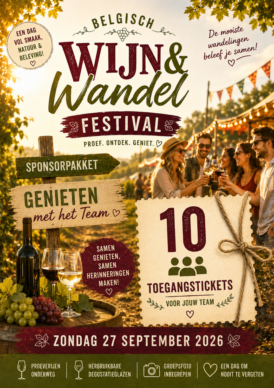 Sponsorpakket - pakket 1 voor 10 pers - Zondag 27/9 - Belgische Wijnwandeling - Genieten met het team (vanaf11u)