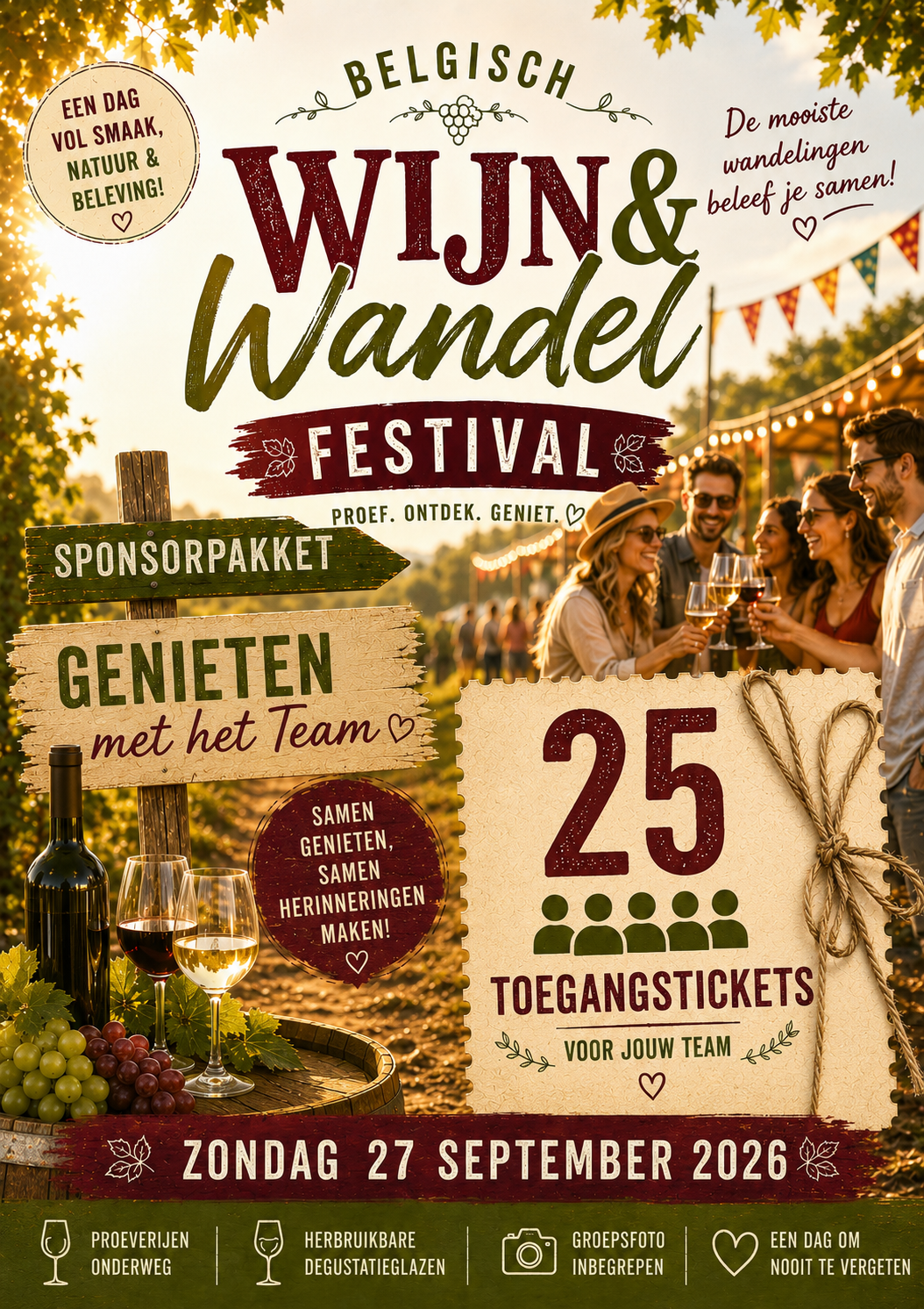 Sponsorpakket - pakket 1 voor 25 pers - Zondag 27/9 - Belgische wijnwandeling - Genieten met het team (vanaf11u)