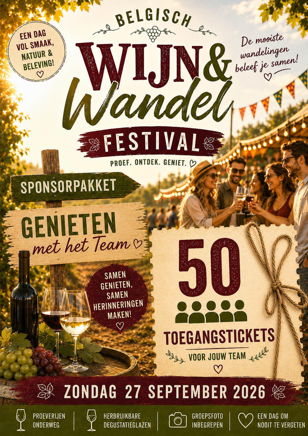 Sponsorpakket - pakket 1 voor 50 pers - Zondag 27/9 - Belgische wijnwandeling - Genieten met het team (vanaf11u)