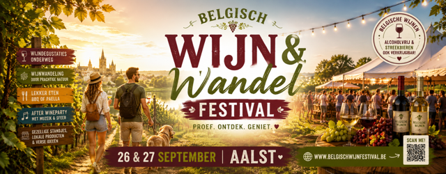 Affiche Belgisch Wijn & Wandel Festival — 26 & 27 september, Aalst. Proef. Ontdek. Geniet.