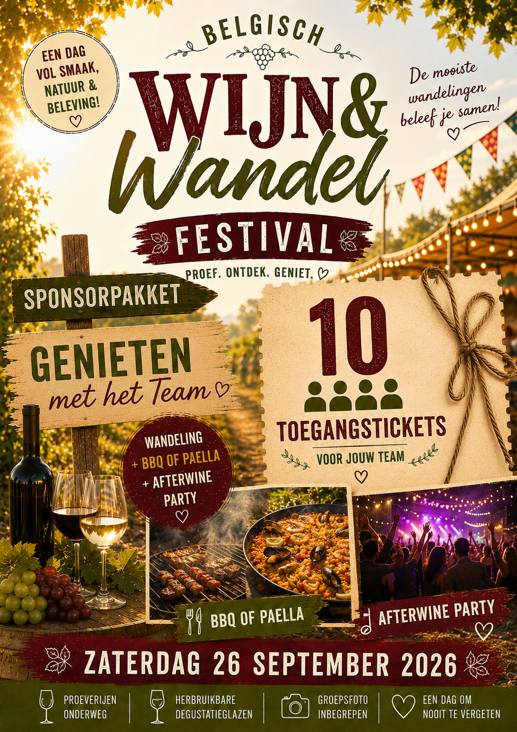Sponsorpakket - pakket 3 voor 10 pers - Zaterdag 26/09 - Belgische wijnwandeling + Diner + After Wineparty (vanaf15u)
